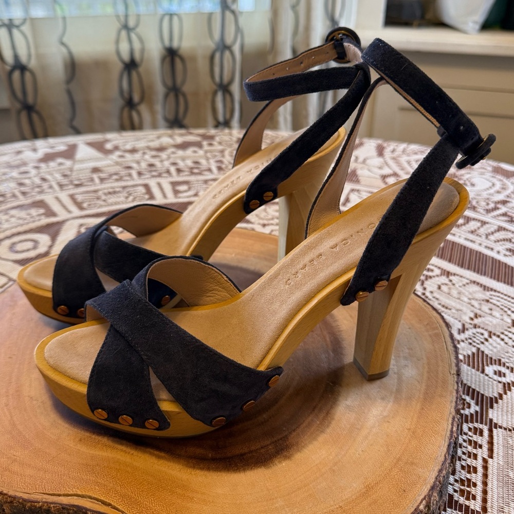 Veronica Beard Blue Suede Studded Heeled Sandals Criss Cross Ankle Strap, 7.5 - Picture 5 of 12